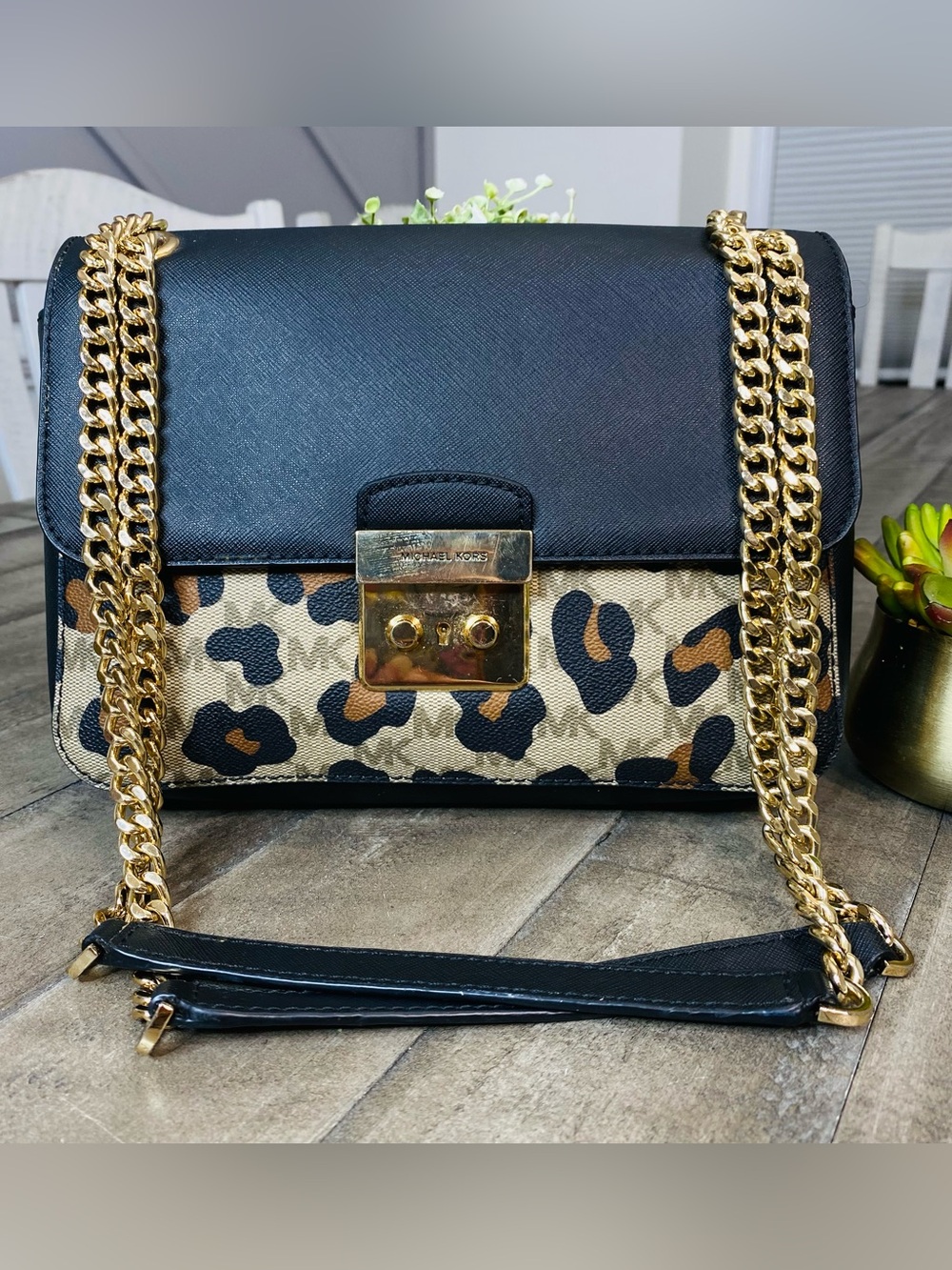 Michael Kors Brandi Medium Saffiano Leather Shoulder Bag Leopard Print MK Logo - Picture 3 of 12